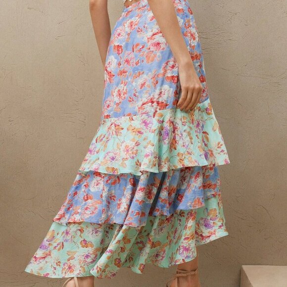 Blue Boho Women's Elegant High-Waist Dual-Tone Ruffled Asymmetric Hem Skirt - Picture 2 of 6